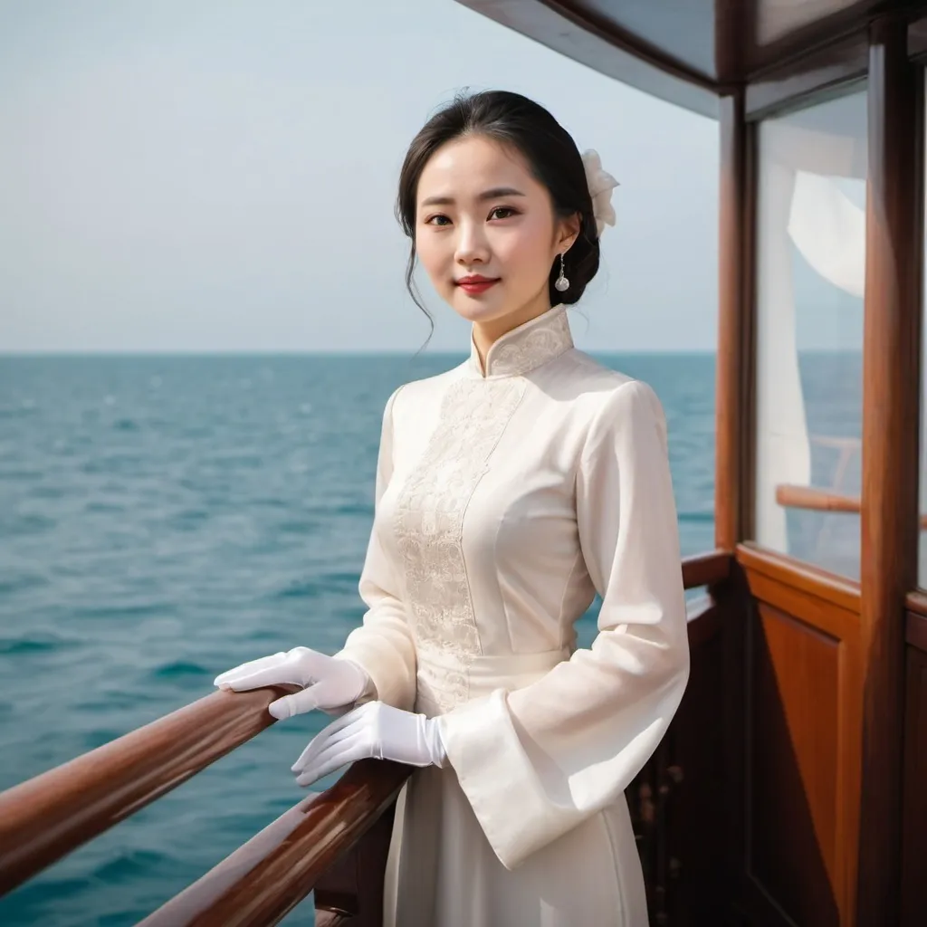 Prompt: A beautiful Chinese woman wears long-sleeves clothes, and white long silk gloves. Modest Catholic Attire. She is on a ship, seeing the sea view.