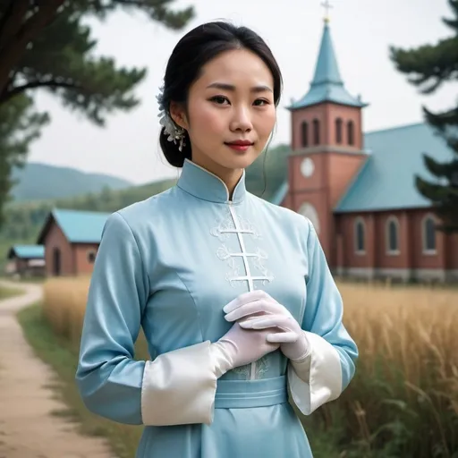 Prompt: A beautiful Chinese woman wears beautiful light blue long-sleeves clothes, and white long silk gloves. Modest Catholic attire. She stands in rural area, behind her at distant is a Catholic church. Full body. Realistic.