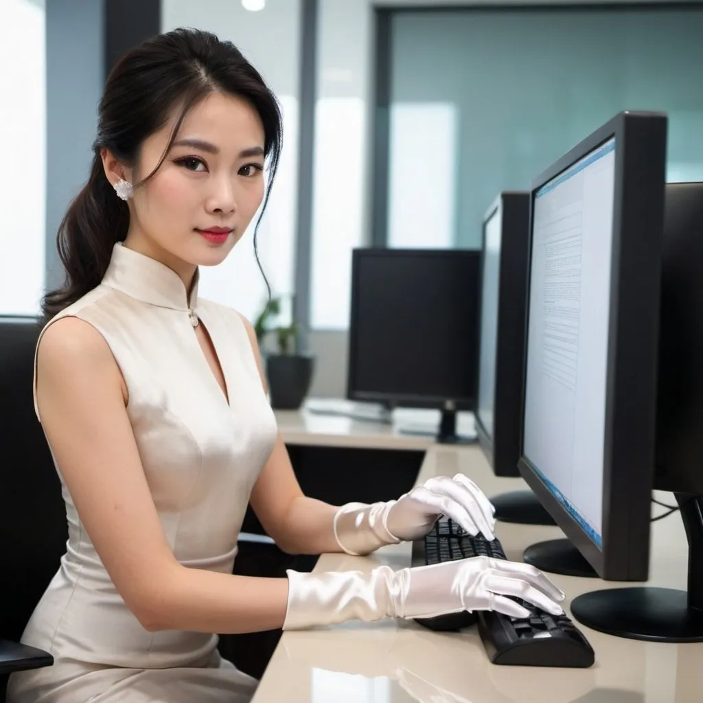 Prompt: A beautiful Chinese woman wears business dress, and white long silk gloves. She types in front of a desktop computer.