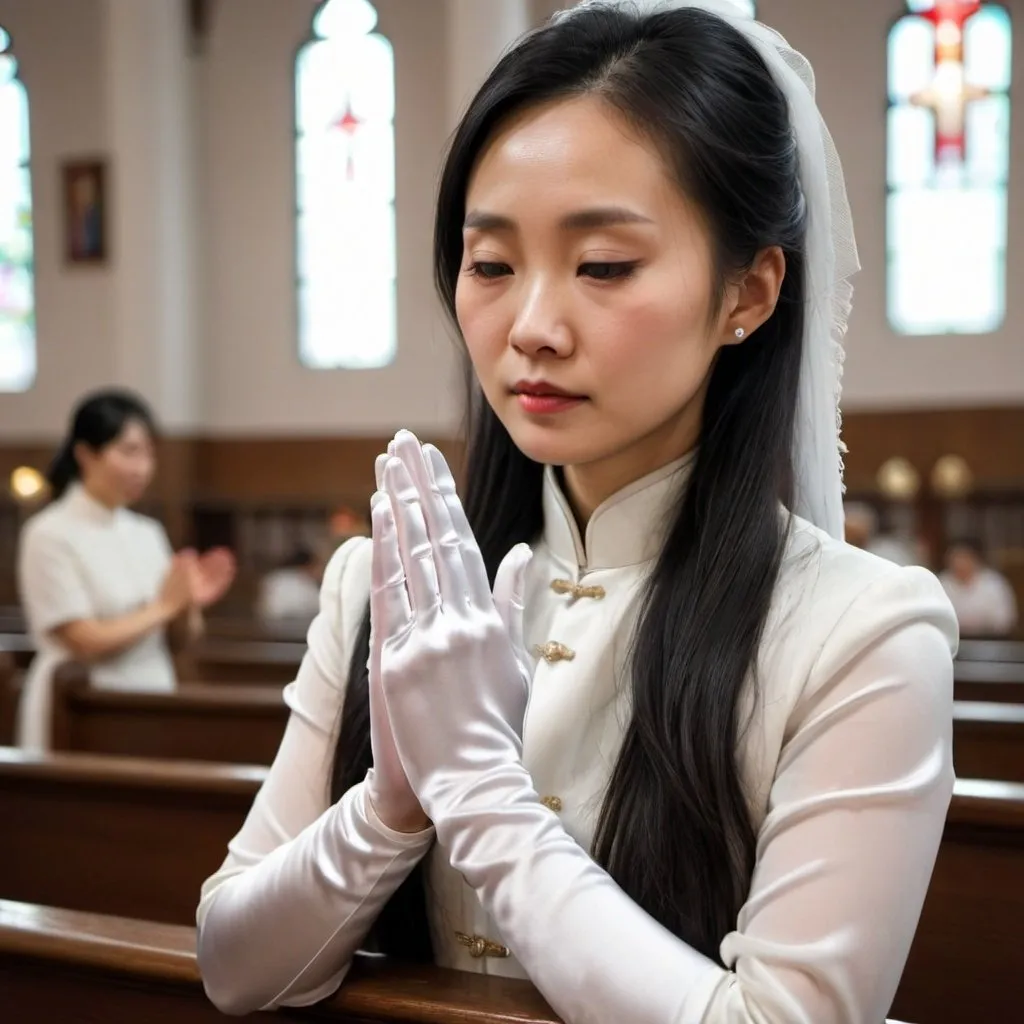 Prompt: A beautiful Chinese woman wears white long silk gloves. She prays in a Catholic church.