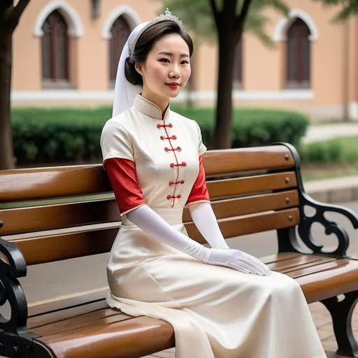 Prompt: A beautiful Chinese woman wears short-sleeves clothes, and white long silk gloves. The gloves length reaches upper arms. Modest Catholic Attire. She sits straight on bench, in rural area, outside a Catholic church.