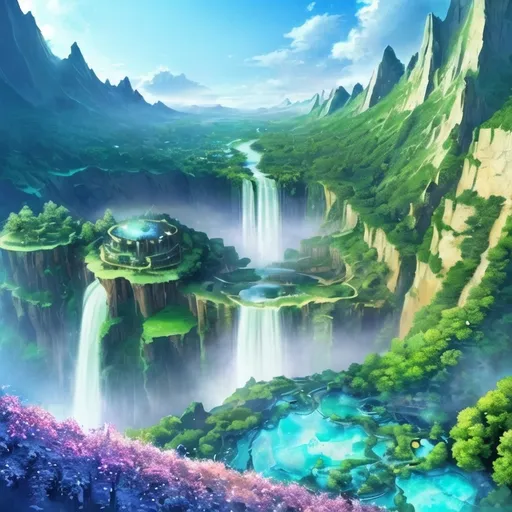 Prompt: a waterfall that cascades down a giant mountain into a crystal clear pool at the bottom  