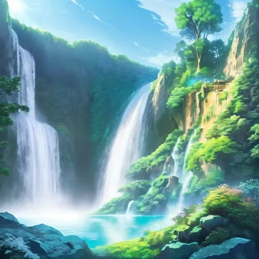 Prompt: a waterfall that cascades down a giant mountain into a crystal clear pool at the bottom  