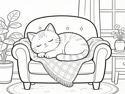 Prompt: Cute cozy cat coloring book illustration, kawaii style, adorable kitten, rounded shapes, thick clean black outlines, no color, no shading, no grayscale, white background, hand-drawn look, high detail line art, kitten sleeping on a cozy armchair with a blanket relaxing cozy atmosphere, for adult coloring book
