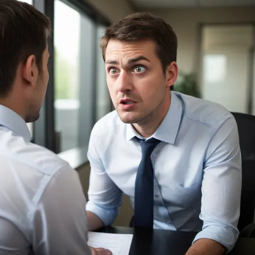 Prompt: create a image that describes the pain of an employee who was asked what are you doing by manager when manager already knows that employee extremely good and delivered things beyond. Manager asked that question when employee is seeking for promotion. Little water in eyes. 