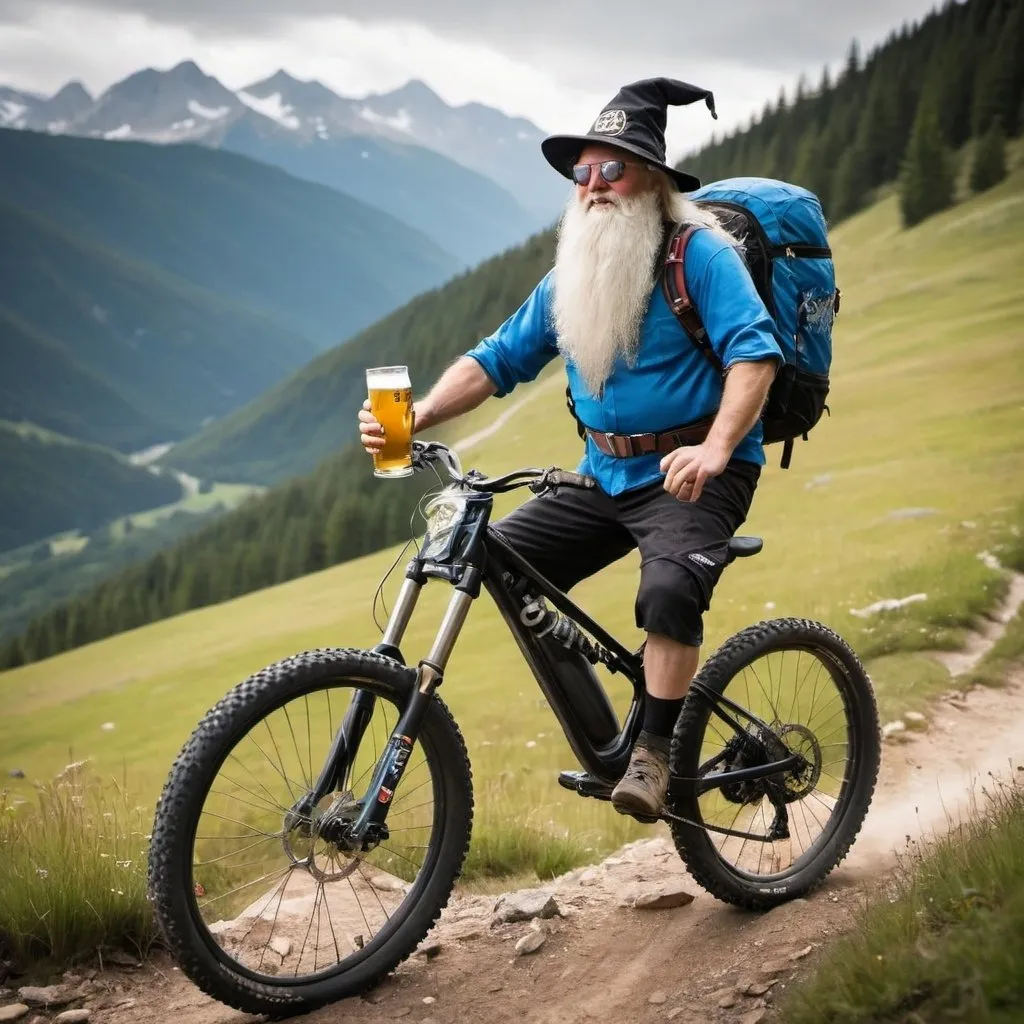Prompt: Wizard on a enduro mountain bike with a beer in one hand