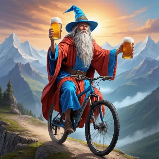 Prompt: Epic Wizard riding a mountain bike, holding a beer in one hand, detailed robes, high quality, detailed facial features, wizard hat, flowing robes, epic mountain landscape, majestic,  magical, adventurous, highres, detailed, fantasy, vibrant colors