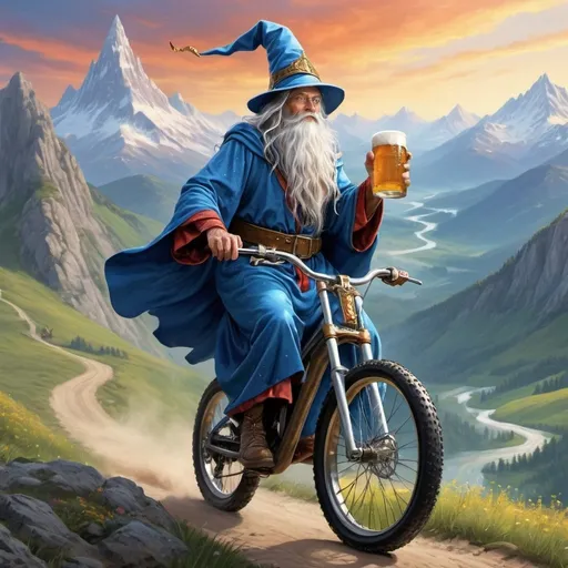 Prompt: Epic Wizard riding a downhill bike, holding a beer in one hand, detailed robes, high quality, detailed facial features, wizard hat, flowing robes, epic mountain landscape, majestic,  magical, adventurous, highres, detailed, fantasy, vibrant colors