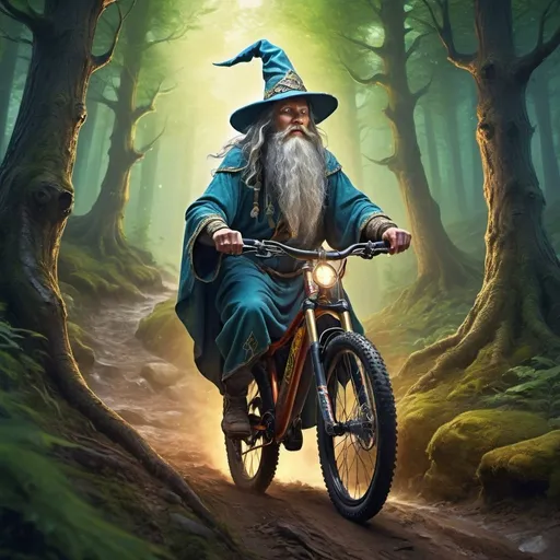 Prompt: Wizard riding an enduro mountain bike, holding a beer, magical forest trail, detailed robes, rugged mountain bike, mystical atmosphere, high quality, fantasy, vibrant colors, atmospheric lighting, detailed facial features, wizard hat, flowing robes, epic landscape, majestic, enchanted forest, magical, adventurous, highres, detailed, fantasy, vibrant colors