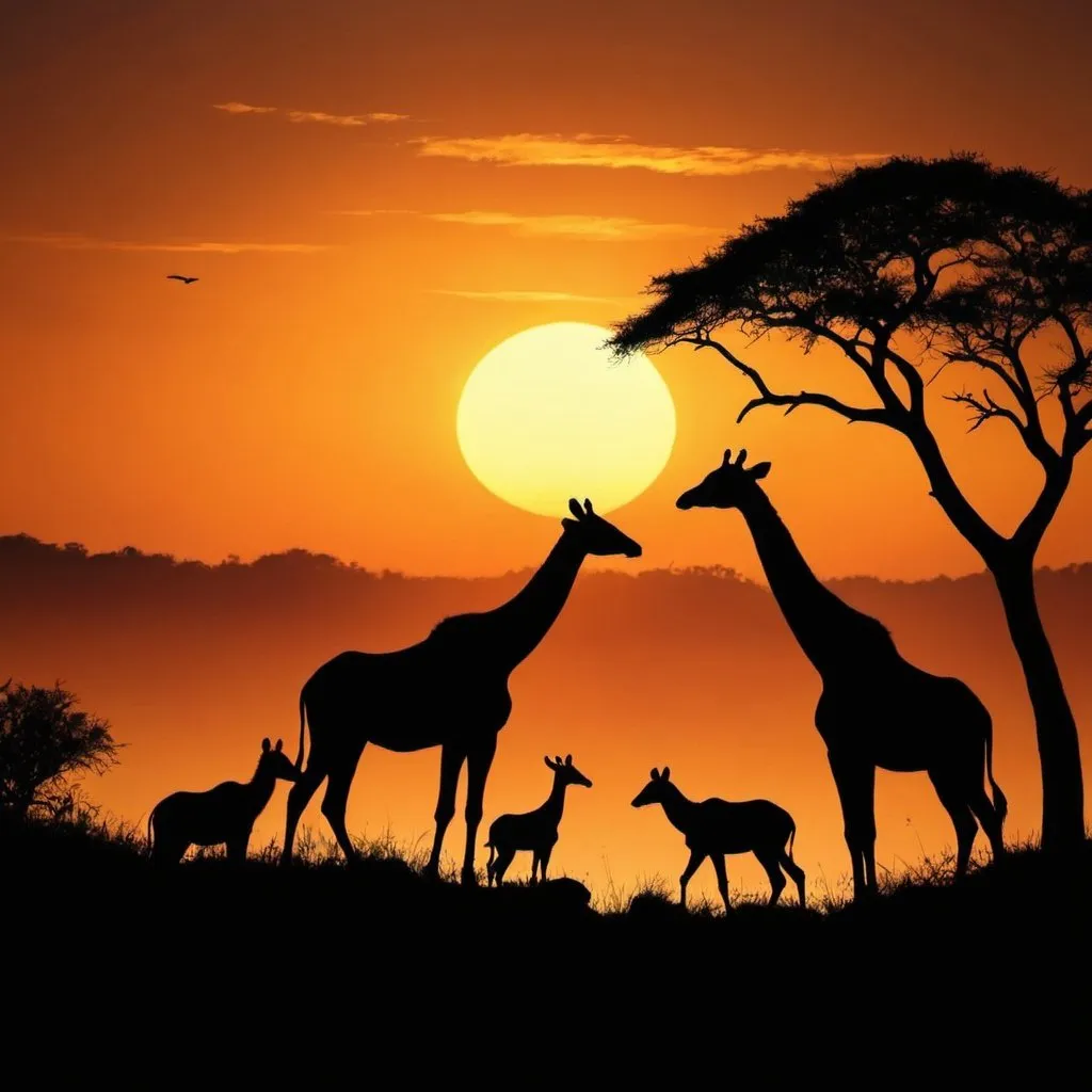 Prompt: sunrise Silhouette of wild animals in wild life