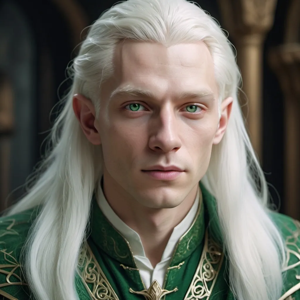 Prompt: Cinematic, 8K HD 3D portrait of beautiful albino male, portrait of noble wizard, pale beautiful face, grey stunning eyes, extra long white hair, elegant green wizard clothes, intricate, detailed, charming male, light contrast, noble, perfect anatomy, perfect male beauty, golden ratio, elven features, handsome,