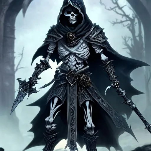 Prompt: detailed skeletal rogue
no background
fantasy
duel wielding small daggers
silvered eyes and nose area like he dipped the front portion of his face in a pool of silver
cloak the head and have electric blue eye holes

