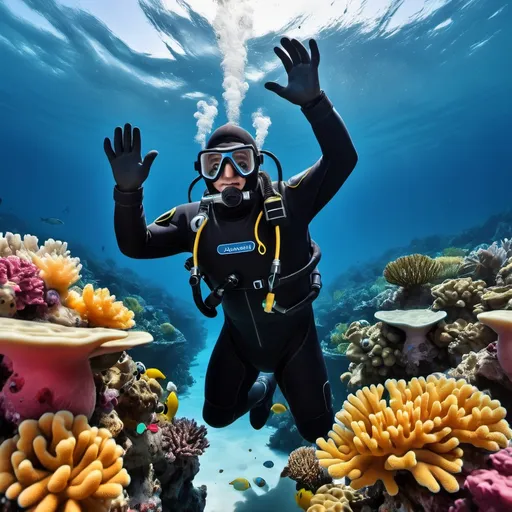 Prompt: a person in a diving suit and goggles dives over a coral reef with their hands up in the air, Aquirax Uno, plasticien, underwater, a stock photo