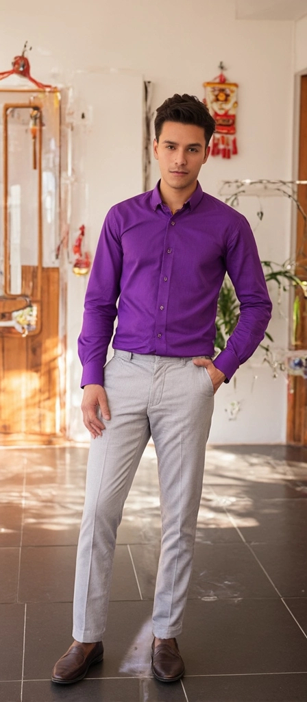 Prompt: Standing confidently in a brightly lit indoor space, a young man exudes a smart casual charm in a vibrant purple shirt and light gray trousers. His shirt, tailored with a crisp finish, contrasts nicely with the dark tiled floor beneath him, creating a striking visual element. A hint of playful mischief dances in his expression, as he subtly holds one hand in his pocket while the other rests at his side. Behind him, simple decor, including a wooden door and a traditional wall hanging, adds cultural depth to the scene, enhancing its warm, inviting atmosphere. The overall composition suggests a moment of casual ease, encapsulating a personal narrative within a familiar yet distinct setting.