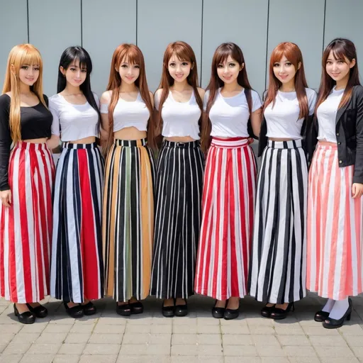 Prompt: Many anime girls wearing maxi long vertical striped skirts.