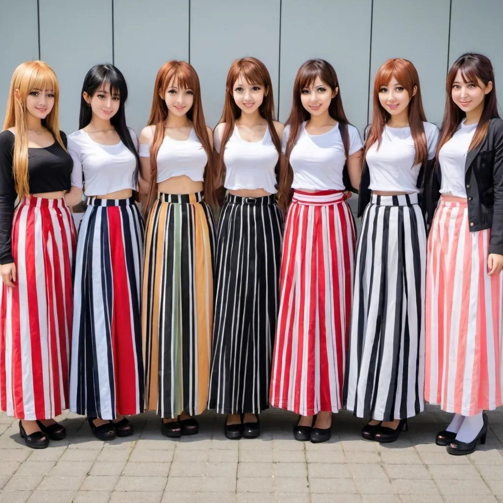 Prompt: Many anime girls wearing maxi long vertical striped skirts.