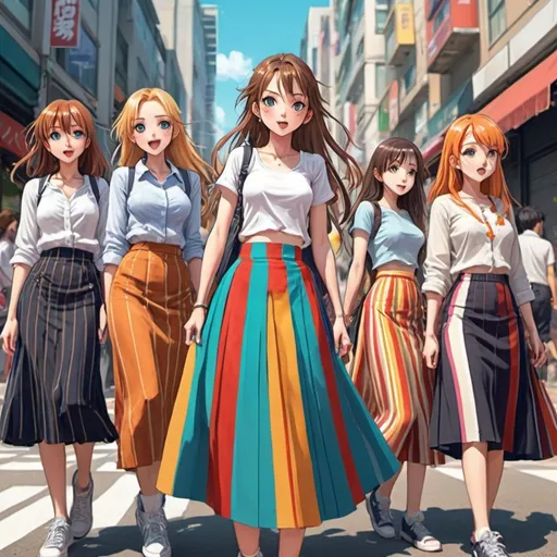 Prompt: Many anime girls wearing maxi long vertical striped skirts.