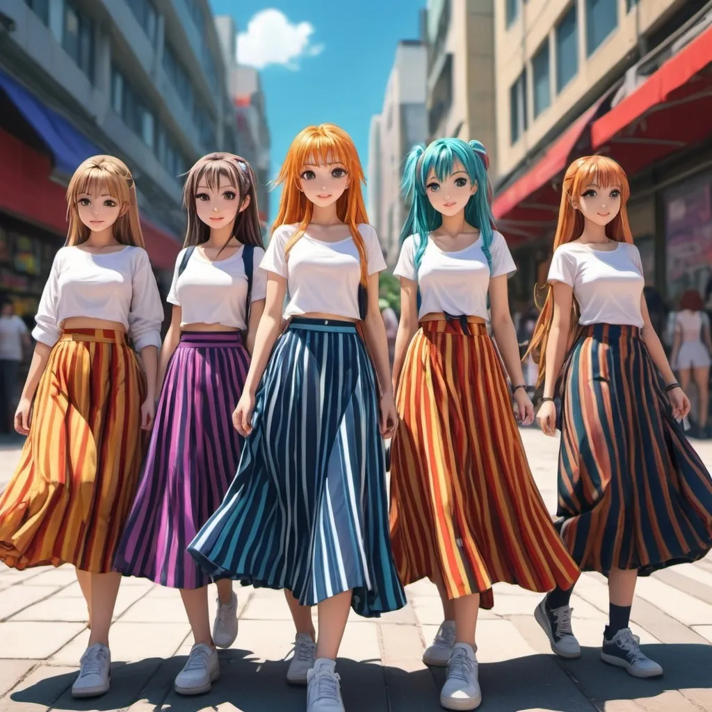 Prompt: Many anime girls wearing maxi long vertical striped skirts.