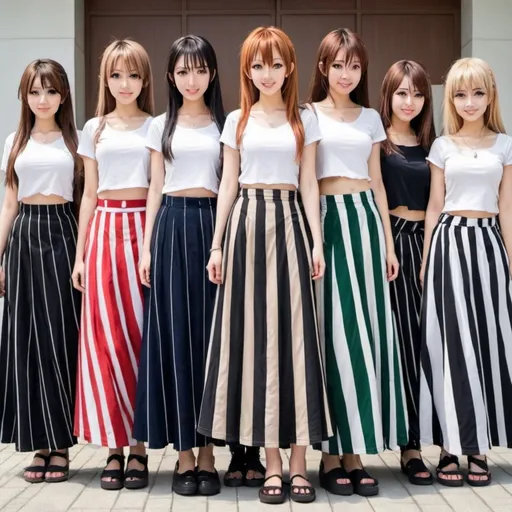 Prompt: Many anime girls wearing maxi long vertical striped skirts.