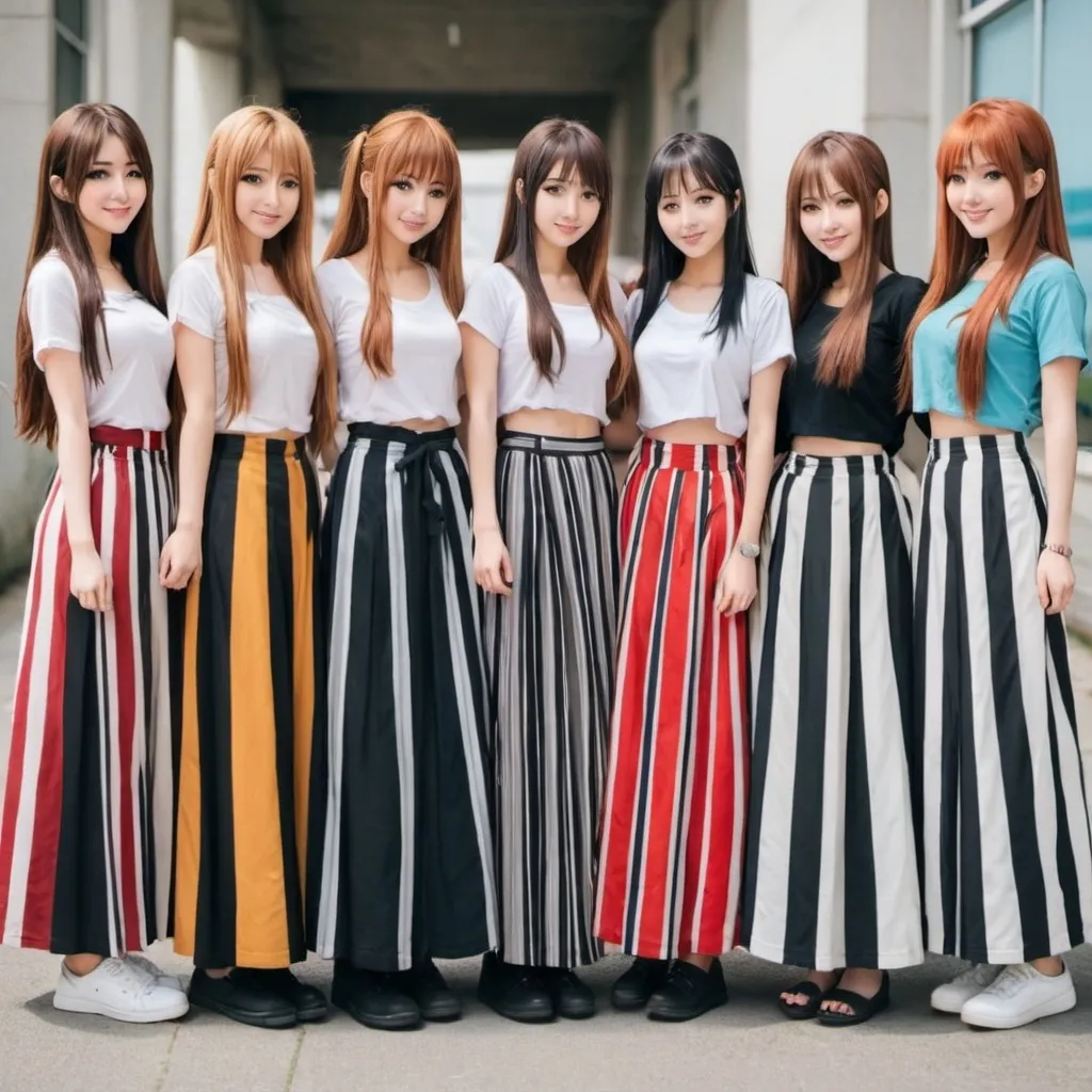 Prompt: Many anime girls wearing maxi long vertical striped skirts.