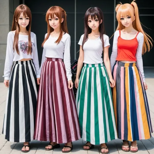 Prompt: Many anime girls wearing maxi long vertical striped skirts.