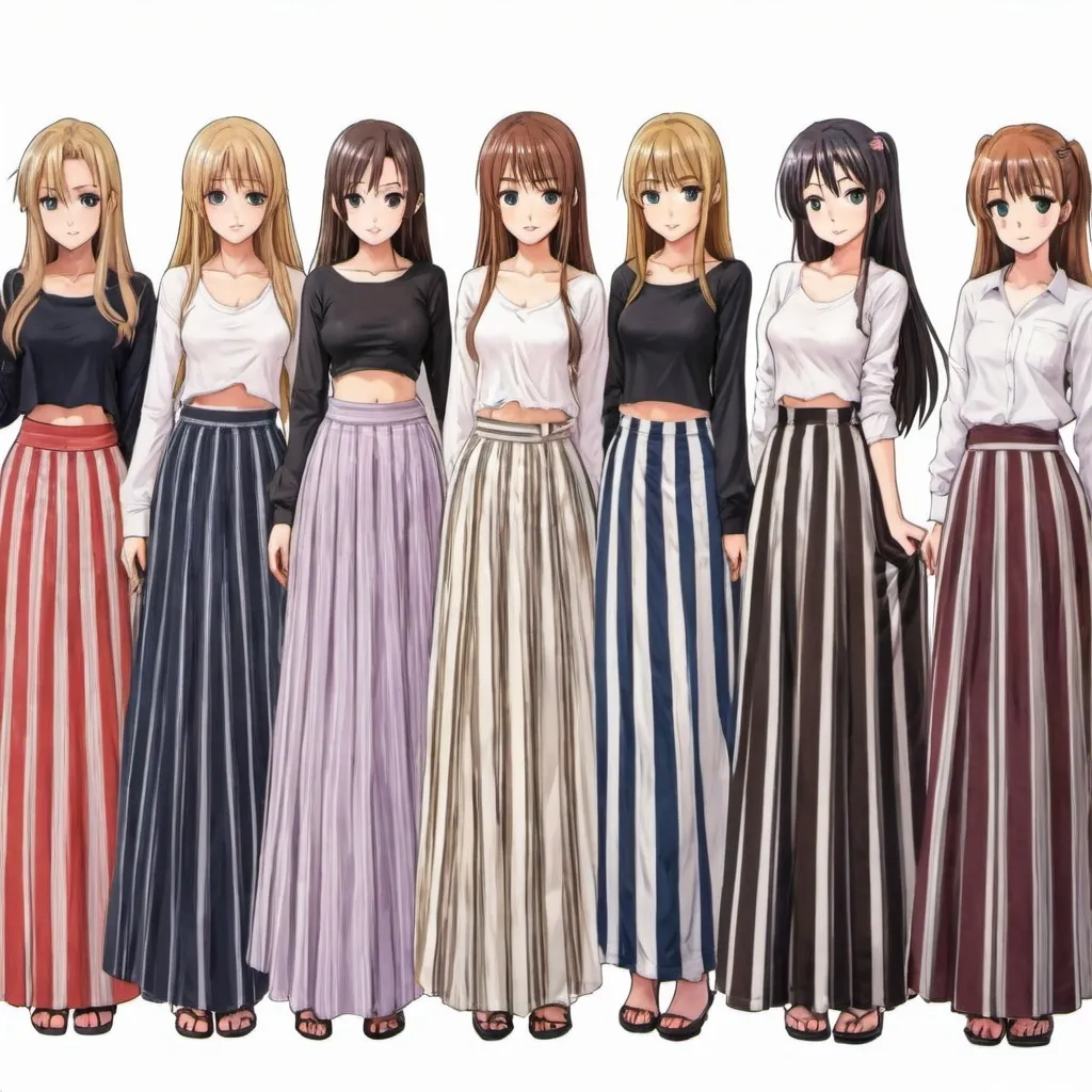 Prompt: Many anime girls wearing maxi long vertical striped skirts.