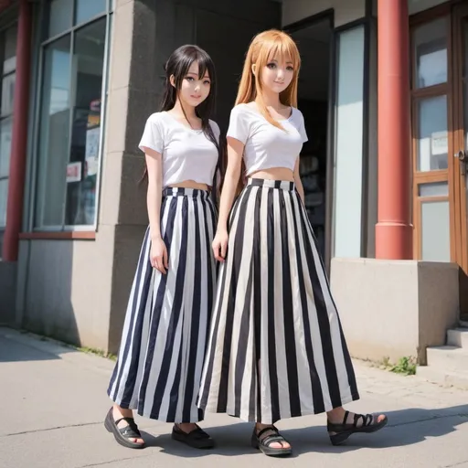 Prompt: Many anime girls wearing maxi long vertical striped skirts.