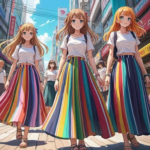 Prompt: Many anime girls wearing maxi long vertical striped skirts.