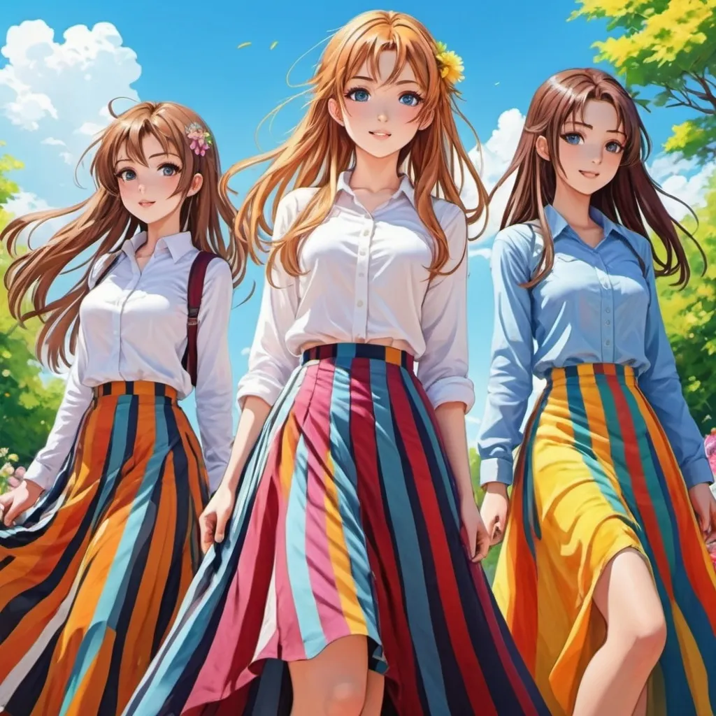 Prompt: Many anime girls wearing maxi long vertical striped skirts.