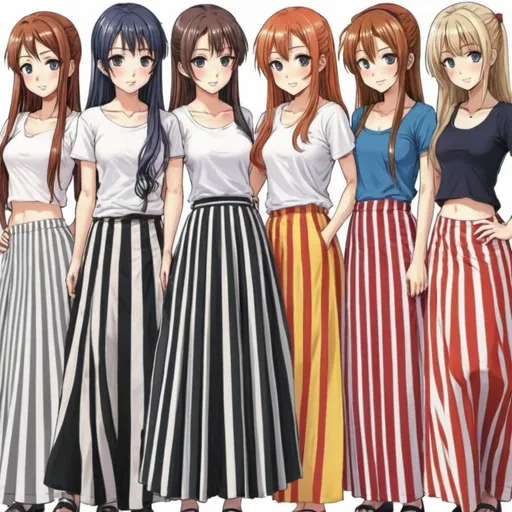 Prompt: Many anime girls wearing maxi long vertical striped skirts.