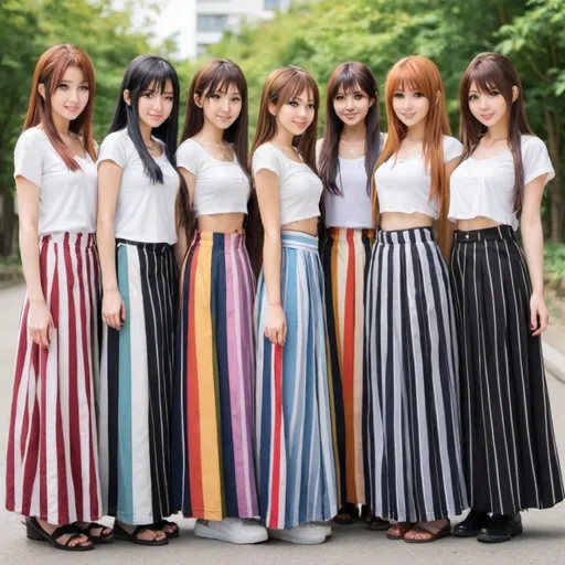 Prompt: Many anime girls wearing maxi long vertical striped skirts.