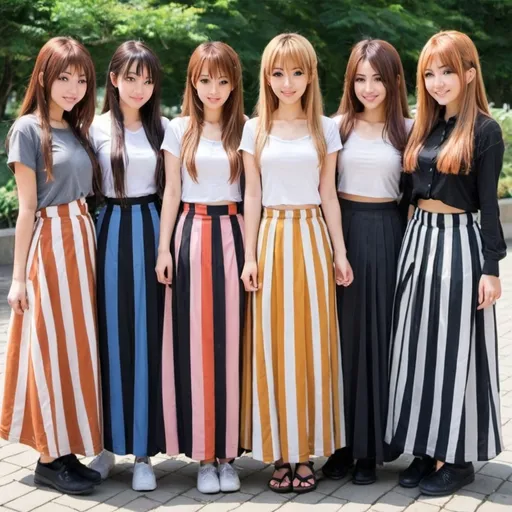 Prompt: Many anime girls wearing maxi long vertical striped skirts.