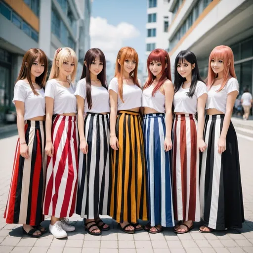 Prompt: Many anime girls wearing maxi long vertical striped skirts.