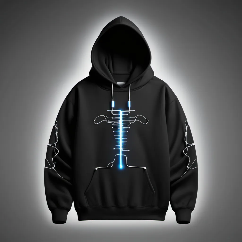 Prompt: a black hoodie,the arms of the hoodie contain a design of electric wires