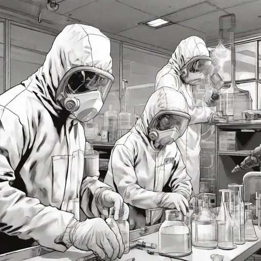 Prompt: B&W Manga art, 3 Scientists wearing hazmat suits work in a lab