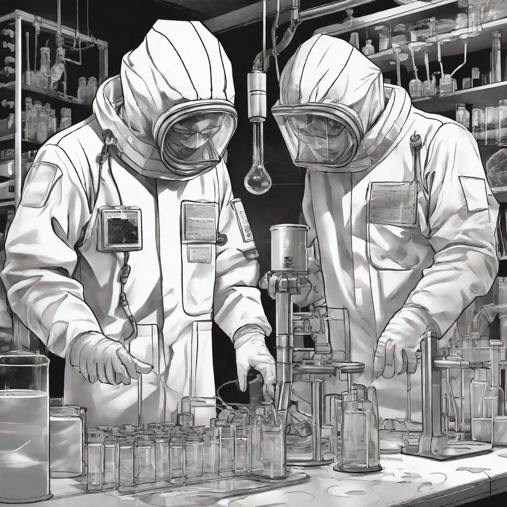 Prompt: B&W manga illustration of 3 scientists in hazmat suits, scientific laboratory setting, detailed lab equipment, intricate linework, high contrast, professional manga art style, scientific atmosphere, monochrome, hazmat suits, laboratory, detailed linework, scientific equipment, high contrast, professional art, manga, B&W, scientific atmosphere