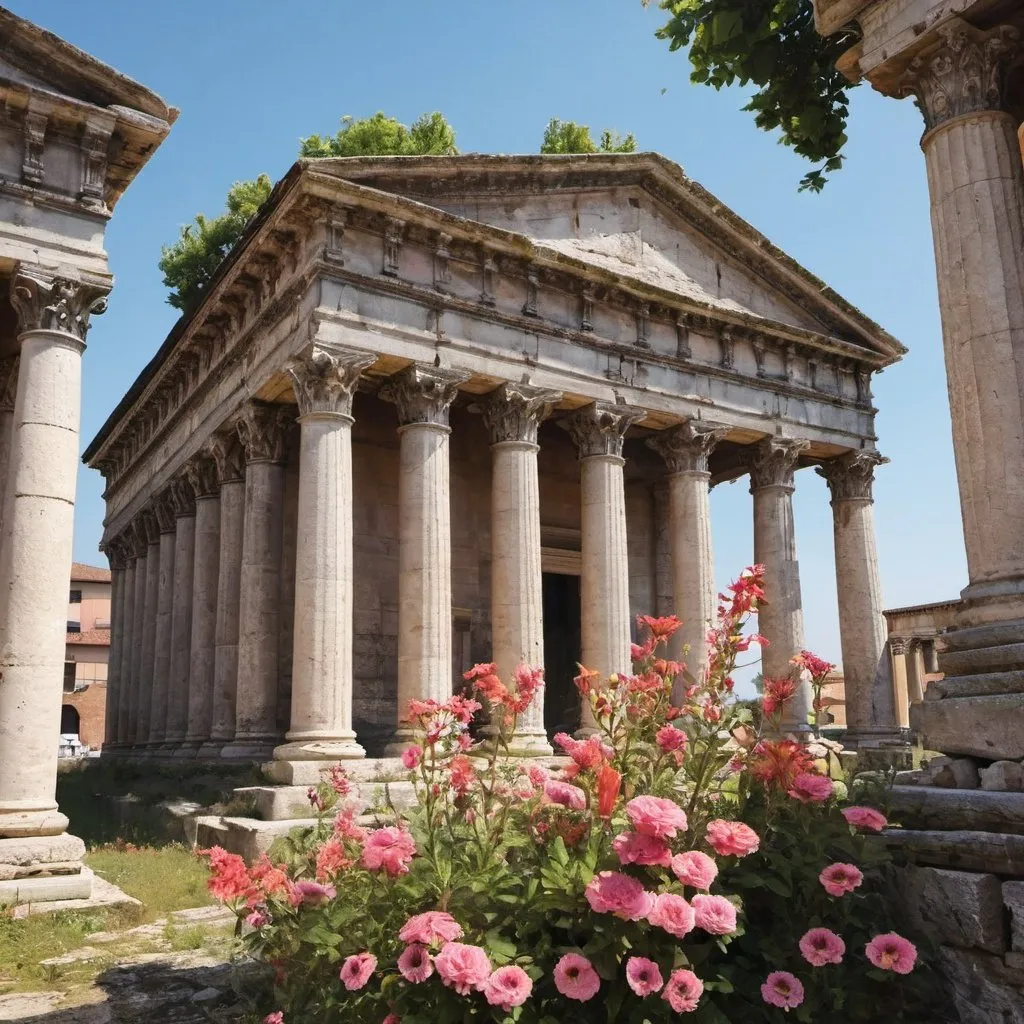 Prompt: Old Roman temple with flowers