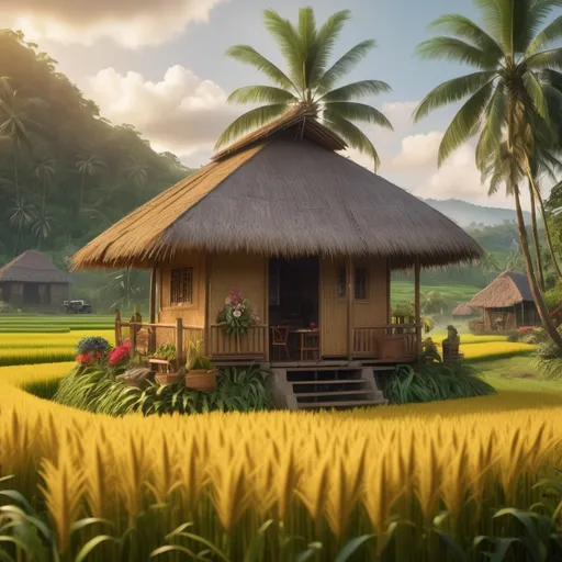 Prompt: Create a cinematic yet realistic depiction of the peaceful life of Filipinos in the countryside during the early 20th century. Set the scene in a vibrant farm surrounded by golden-green rice fields swaying gently in the breeze under a soft morning light. The centerpiece is a charming nipa hut nestled among a small garden bursting with tropical flowers like gumamela and santan, where colorful butterflies flit gracefully. Nearby, a bamboo fence encloses a modest yard where chickens roam freely, accompanied by a watchful rooster perched on a wooden post, crowing proudly to announce the start of the day.
The nipa hut has a rustic yet inviting appearance, with its woven bamboo walls and cogon grass roof. Outside the hut, a family is engaged in their morning routines: a mother preparing rice using a traditional stone grinder while a child plays with a friendly dog. A sleepy cat stretches lazily on the hut’s bamboo stairs, enjoying the tranquil atmosphere.
In the background, a farmer walks along a dirt path leading to the rice fields, guiding his carabao by a rope. The farmer’s traditional attire, including a straw hat and rolled-up trousers, speaks to the era. The carabao plods contentedly, its slow, deliberate movements adding to the peaceful rhythm of the countryside.
Soft light filters through the coconut and banana trees that frame the scene, casting a golden glow on the lush landscape. Gentle ambient sounds of chirping birds, rustling leaves, and the occasional distant laughter of villagers create an immersive atmosphere.
As the camera pans out, the full beauty of the countryside unfolds, evoking a sense of nostalgia and longing for a simpler, harmonious time—a vivid portrait of the quiet, soulful life of early 20th-century Filipino farmers.