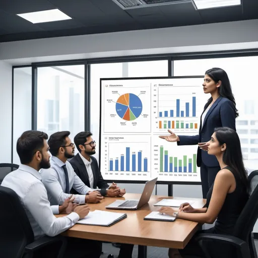 Prompt: masterpiece, best quality,Diverse Office Conference Room Meeting: Successful Indians with Male & Female Executive Directors Presents e-Commerce Fintech Growth Statistics to a Group of Investors. Whiteboard with Big Data Analysis,detailed facial features