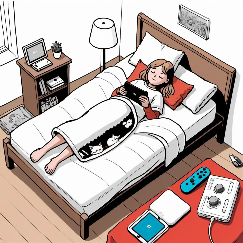 Prompt: A cartoon sketch of a birds-eye view drawing of a girl lying on her bed inside her blanket comfortably after a series of university examinations, with a nintendo switch nearby. There is also a small white cat nearby the bed, and a table with books filled on the surface