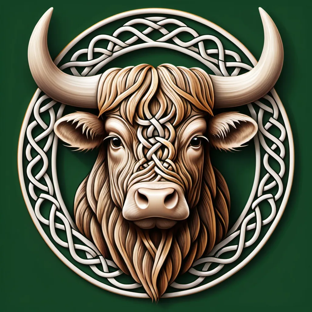 Prompt: a celtic knot design in the shape of a highland bull
