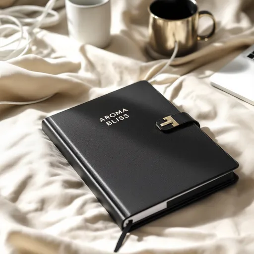 Prompt: A sleek black planner or notebook titled "AROMA BLISS" rests on a soft, beige surface, hinting at a cozy and organized space. The cover features a subtle texture, with an elegant metal clasp accentuating its minimalist design. Nearby, a hint of white electrical cords can be seen, indicating a possibly well-utilized workspace. The overall composition conveys a sense of calm and purposeful elegance, inviting the viewer to imagine the notes, plans, or ideas that might reside within its pages. The lighting softly reflects off the metal clasp, enhancing the stylish yet functional vibe of this item.