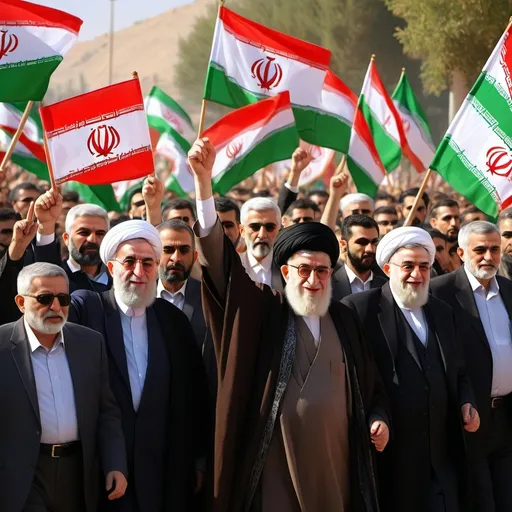 Prompt: A picture of Iranian President Ayatollah Seyed Ebrahim Raeesi, Iranian Leader Seyyed Ali Khamenei and Palestinian Leader Ismail Haniyeh proudly walking with the Iranian tricolor flag.