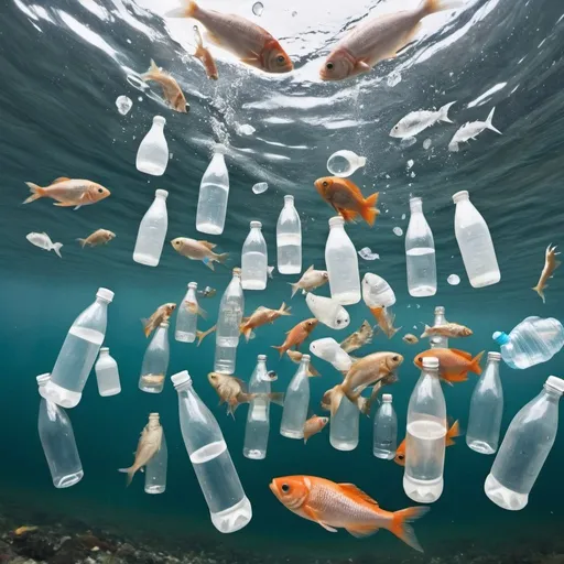 Prompt: plastic bottles and fish in the sea, but there are more plastic bottles than the fish