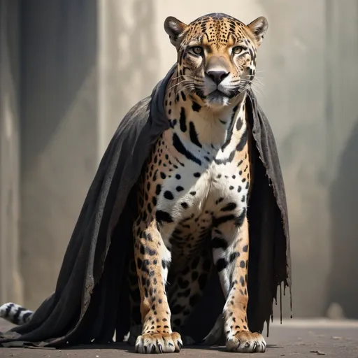 Prompt: A anthropomorphic jaguar who is slightly evil in eyes who is standing on hind legs with small strokes of dark lines painted on limbs with tattered cloak. Not a lot of muscles, cloak covering body and tummy