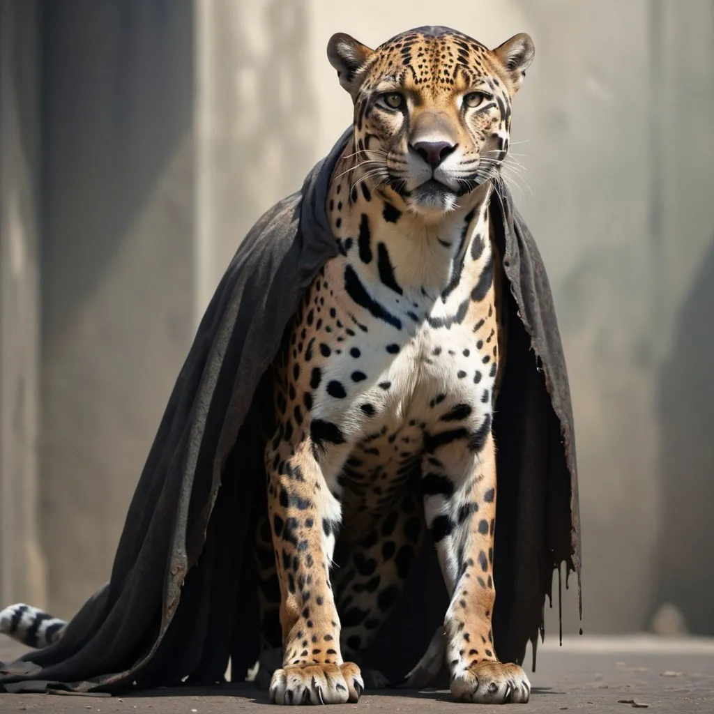 Prompt: A anthropomorphic jaguar who is slightly evil in eyes who is standing on hind legs with small strokes of dark lines painted on limbs with tattered cloak. Not a lot of muscles, cloak covering body and tummy