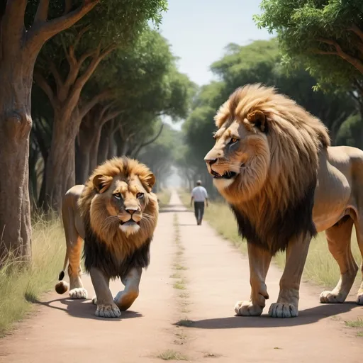 Prompt: Here’s a prompt you can use in English:

"Generate a 3D scene of a lion encountering an elderly man on a path. The lion should roar fiercely but then calmly walk past the old man without causing any harm. The lion should look powerful yet restrained