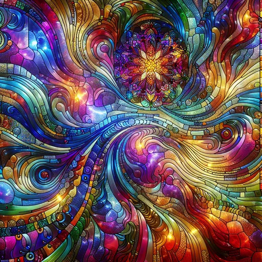 Prompt: (Psychedelic art style), stained glass design, vibrant color scheme, intricate patterns, luminous effects, kaleidoscopic textures, rich jewel tones, dynamic contrasts, flowing shapes, surreal and dreamlike ambiance, high depth detail, glossy finish, dazzling light play, captivating and mesmerizing uniqueness, artistic masterpiece, ultra-detailed, 4K quality.