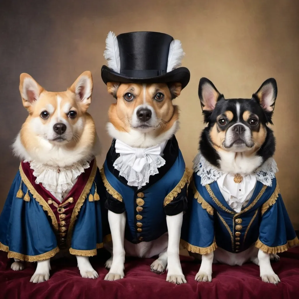 Prompt: dogs dressed as nobles of 1800s