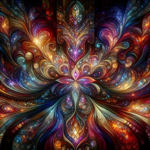 Prompt: (Psychedelic art style), stained glass design, vibrant color scheme, intricate patterns, luminous effects, kaleidoscopic textures, rich jewel tones, dynamic contrasts, flowing shapes, surreal and dreamlike ambiance, high depth detail, glossy finish, dazzling light play, captivating and mesmerizing uniqueness, artistic masterpiece, ultra-detailed, 4K quality.